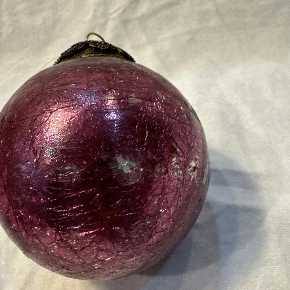 Antique GERMAN KUGEL Ornament Bulb HEAVY Pink Crackle Mercury Glass Brass Cap 3